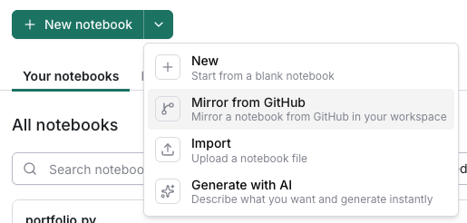 Screenshot of the molab dialog for creating a synced notebook from a GitHub URL